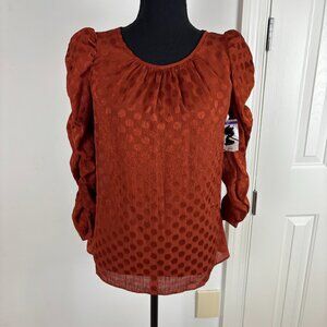 Max Studio Ruched Long Sleeve Rust Polka Dot Silky Blouse Size XS New